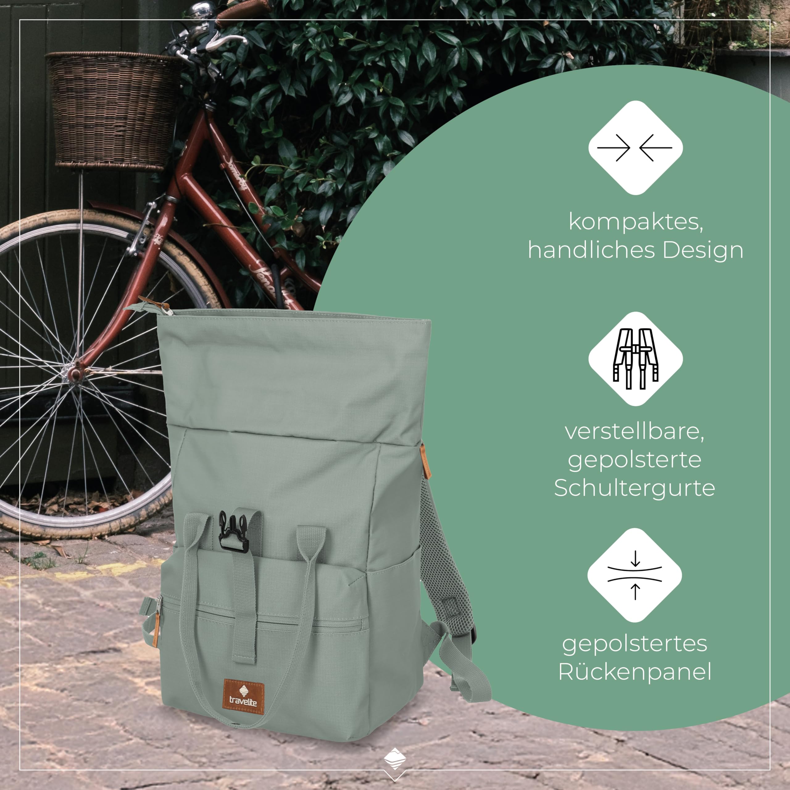 Travelite Handgepäck Rucksack, Laptop Rucksack 14 Zoll, Basics Short Handle Rollup, Reiserucksack Rolltop Funktion