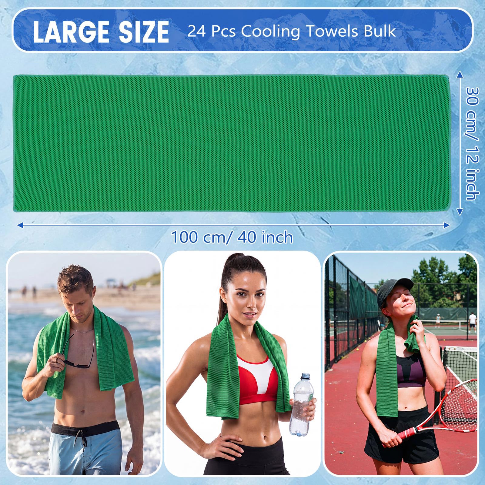 Paquete de 24 Toallas refrescantes de 40"x12" de Microfibra Transpirables y Suaves para el Sudor,Ideales para el Gimnasio,el Cuello y la Cara,para Yoga,Golf y Correr (Verde).