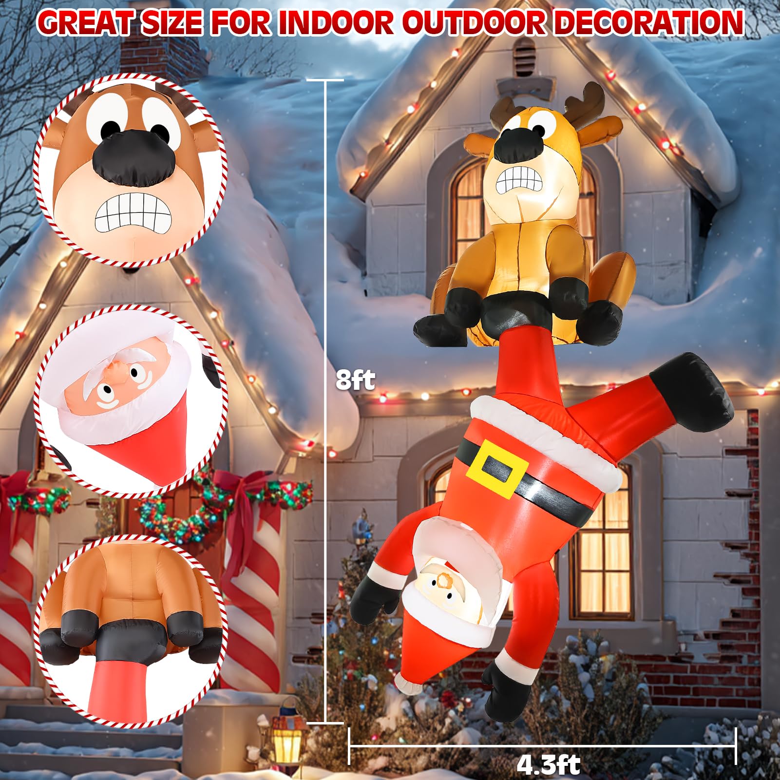 Decoración Inflable de Navidad para Escalar Papá Noel y Renos al Aire Libre, 8 pies, Gigante, Divertido, para Colgar, inflables, Fiesta de Navidad, con Luces LED, decoración de jardín, césped