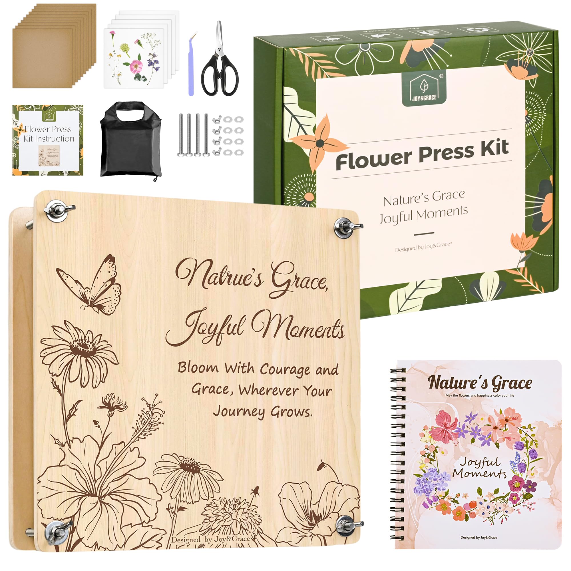 Joy&Grace Großes Blumenpresse Set 27,7 x 27,7 cm für Erwachsene, 10-lagige Pflanzenpresse mit Cover, DIY Blumenpressen Album & Trocken-Toolkit zur Blumenaufbewahrung (Geschenkbox, Naturholz)