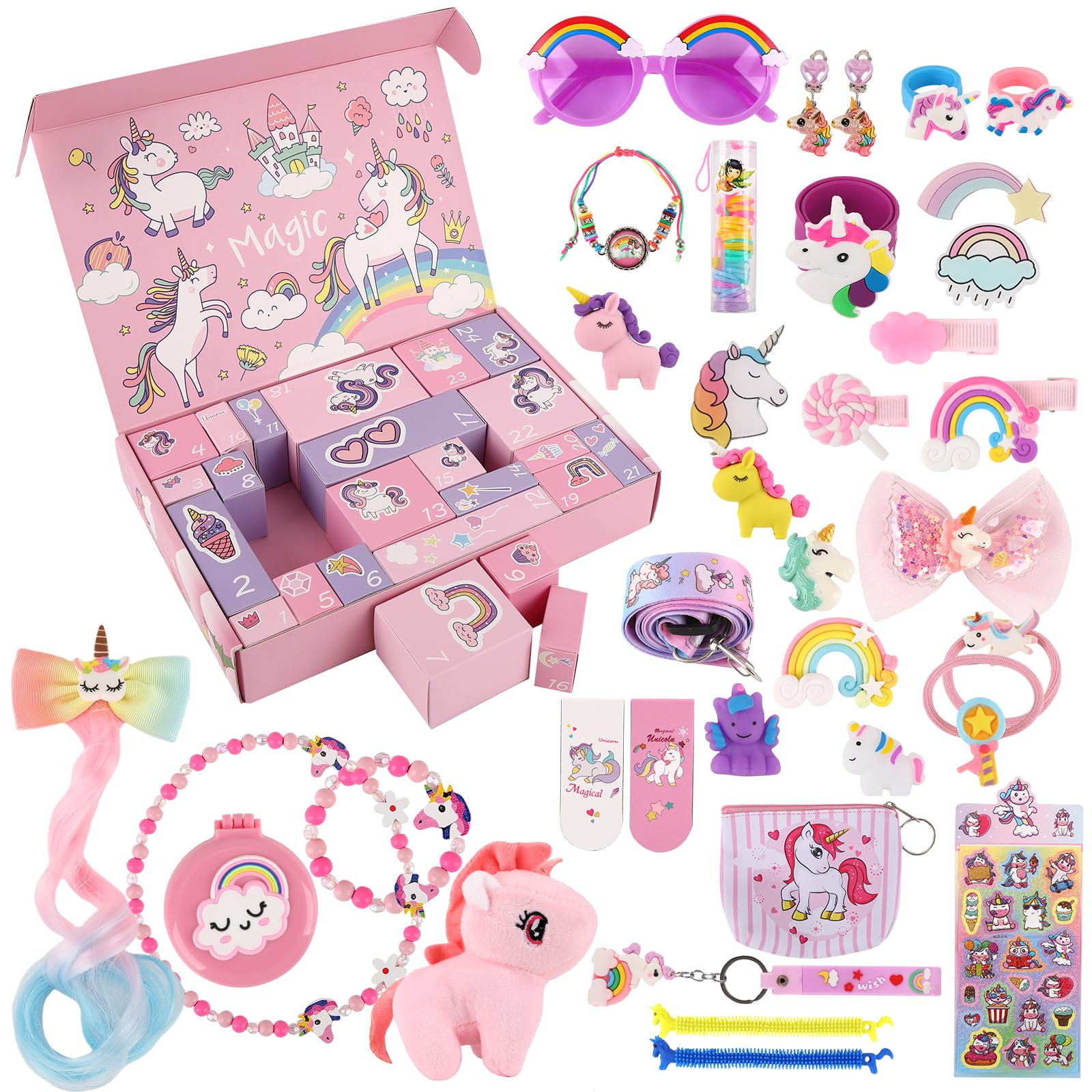 Calendario Adviento Niña, Cuenta Atrás con 24 Días de Sorpresas, Regalos de Unicornio para Niñas Niños Incluye Juguetes y Accesorios para el Pelo