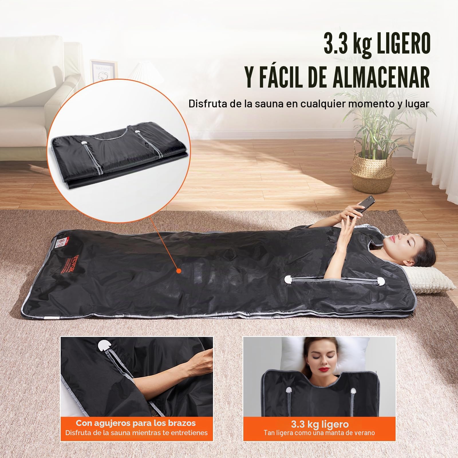 VEVOR Manta de Sauna de Infrarrojos Lejanos 180x80 cm Tela Oxford Temperatura Ajustable 1-6 Niveles 45-80 °C Temporizador de 1-60 min con Orificios para Brazos Bolsas de Sauna para Relajación en Hogar