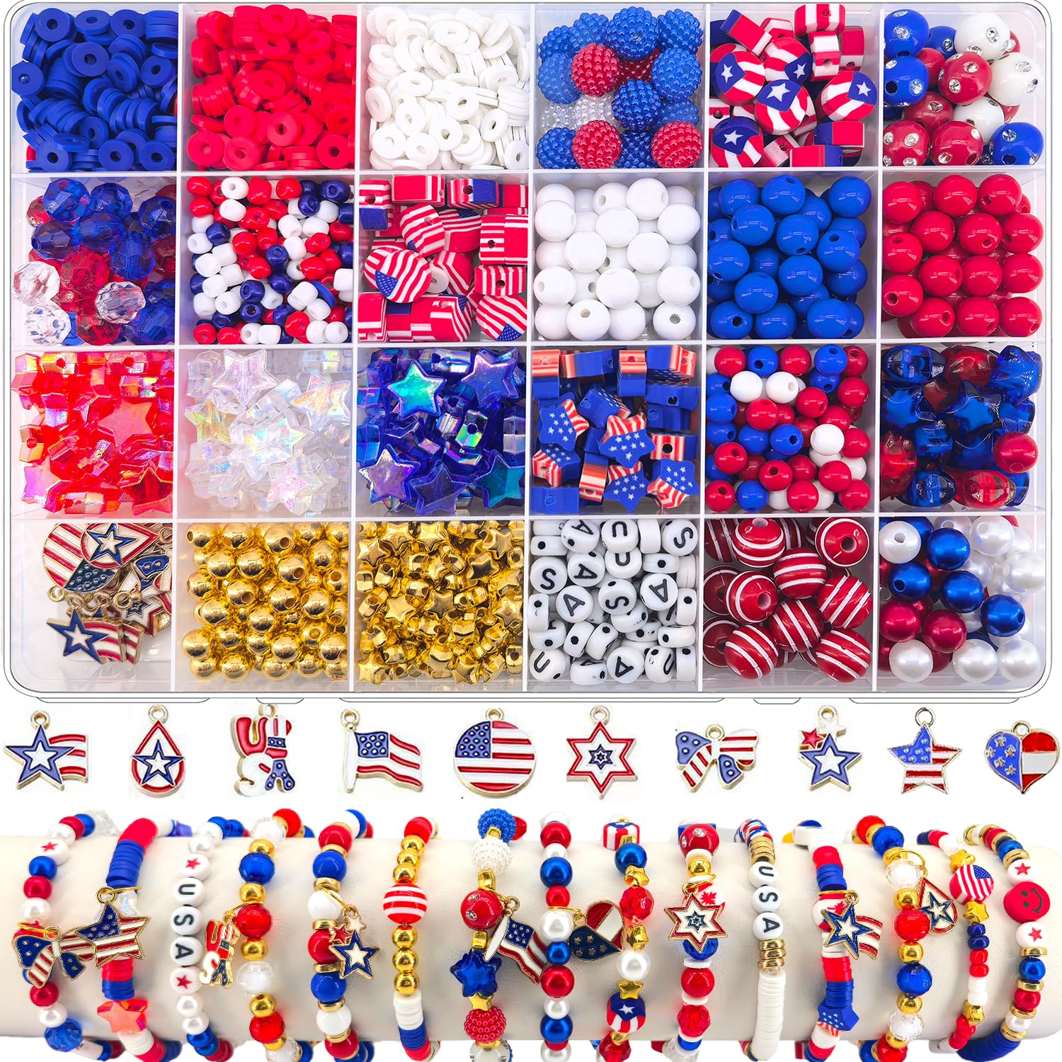 1760Pcs Red White and Blue Beads for Bracelets Kit, 4th of July Bead Patriotic Beads for Jewelry Making America Flag Heishi Clay Beads Star Round Pearl Beads Letter Beads for Earrings DIY Craft