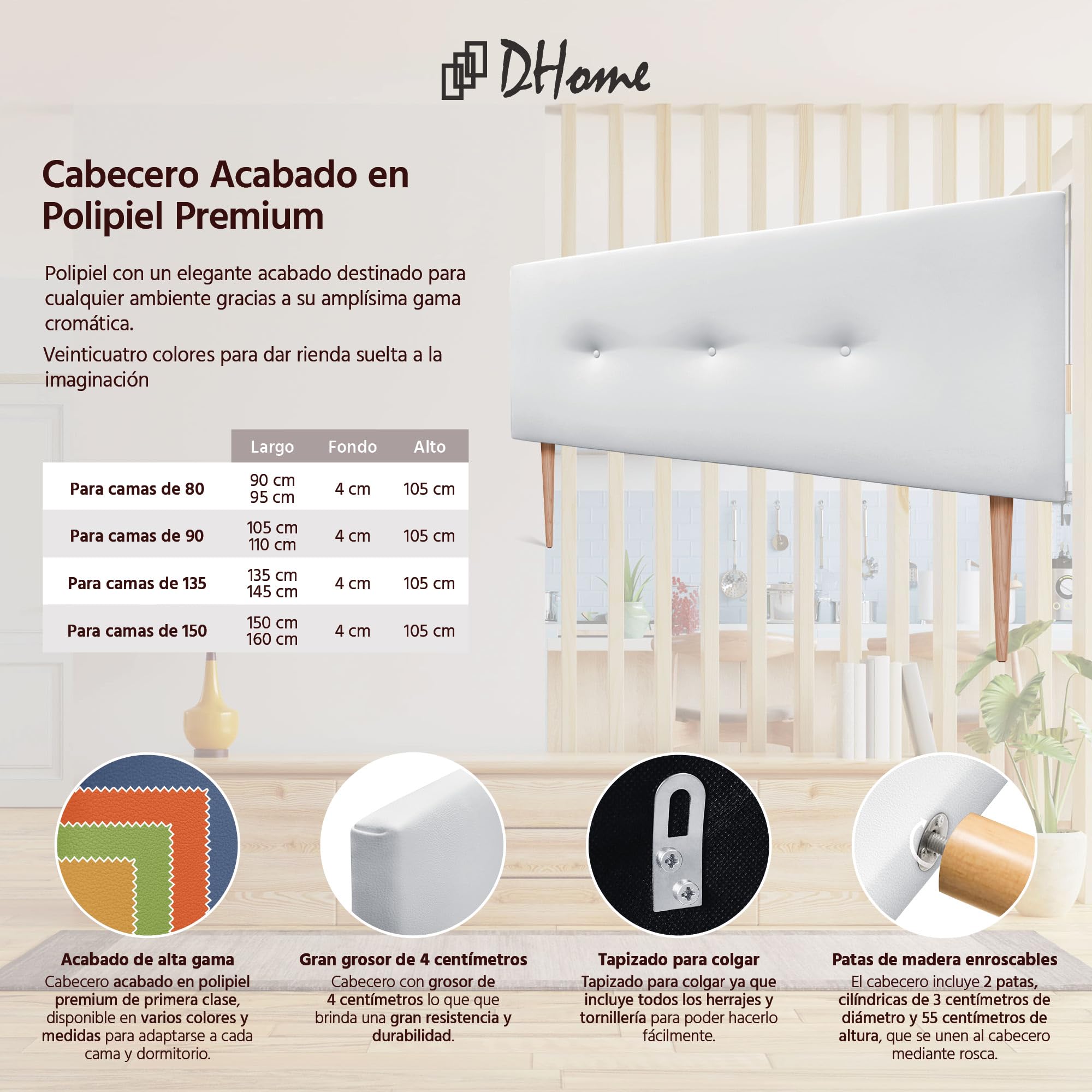 DHOME Cabecero de Polipiel o Tela Acualine Liso con Botones y Patas Tapizado de Alta Gama Cabezal Lujo Cama Dormitorio Moderno Acolchado (Polipiel Blanco, 160x105cm (Camas 150/160))
