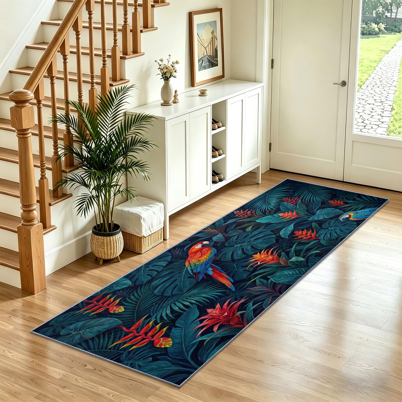 Tapis de Couloir Long 80 x 180 cm, Foncé Tapis Cuisine Antidérapant Lavable, Vintage Glamour Tropical Jungle Animal Perroquet Tapis de Passage Doux pour Salon, Entrée, Balcon, Chambre Adulte Enfant