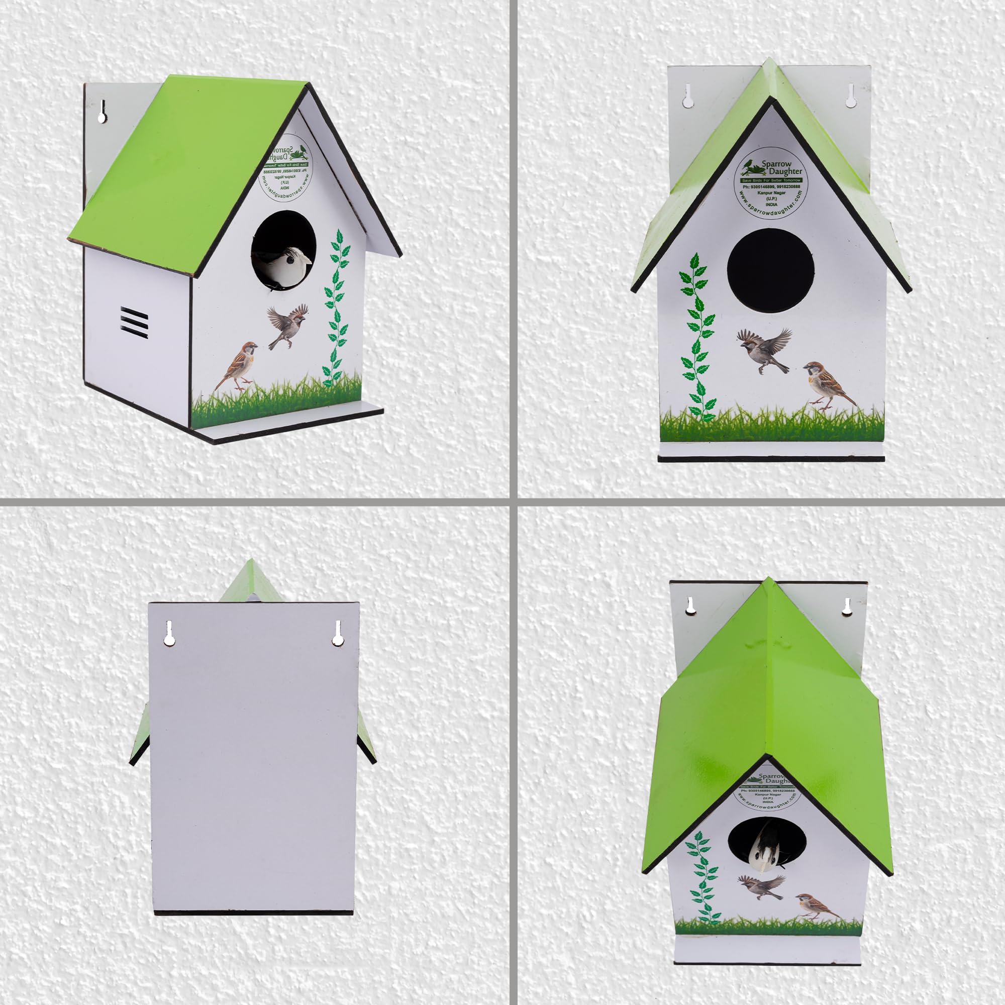 Sparrow daughter MDF Printed Bird House nest for Balcony & Garden Hanging Made with Russian Wood Designed for Love Birds, Sparrow, Hummingbird, Kingfisher (Light Green Color) 2