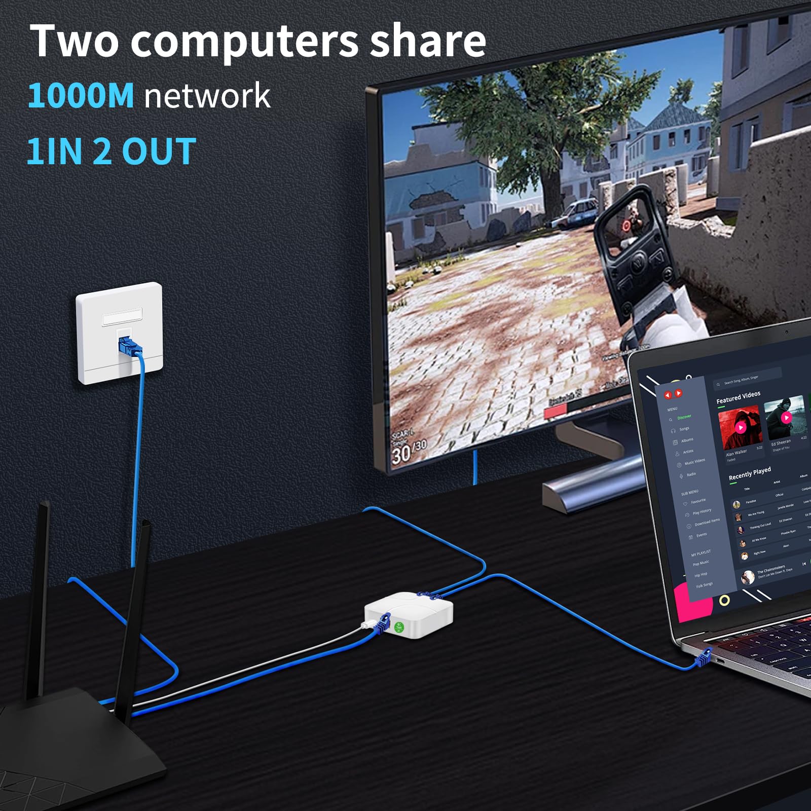 Splitter Ethernet 1 A 2 Gigabit 1000Mbps RJ45 - Con Alimentazione USB-C, Per PC, TV, Switch