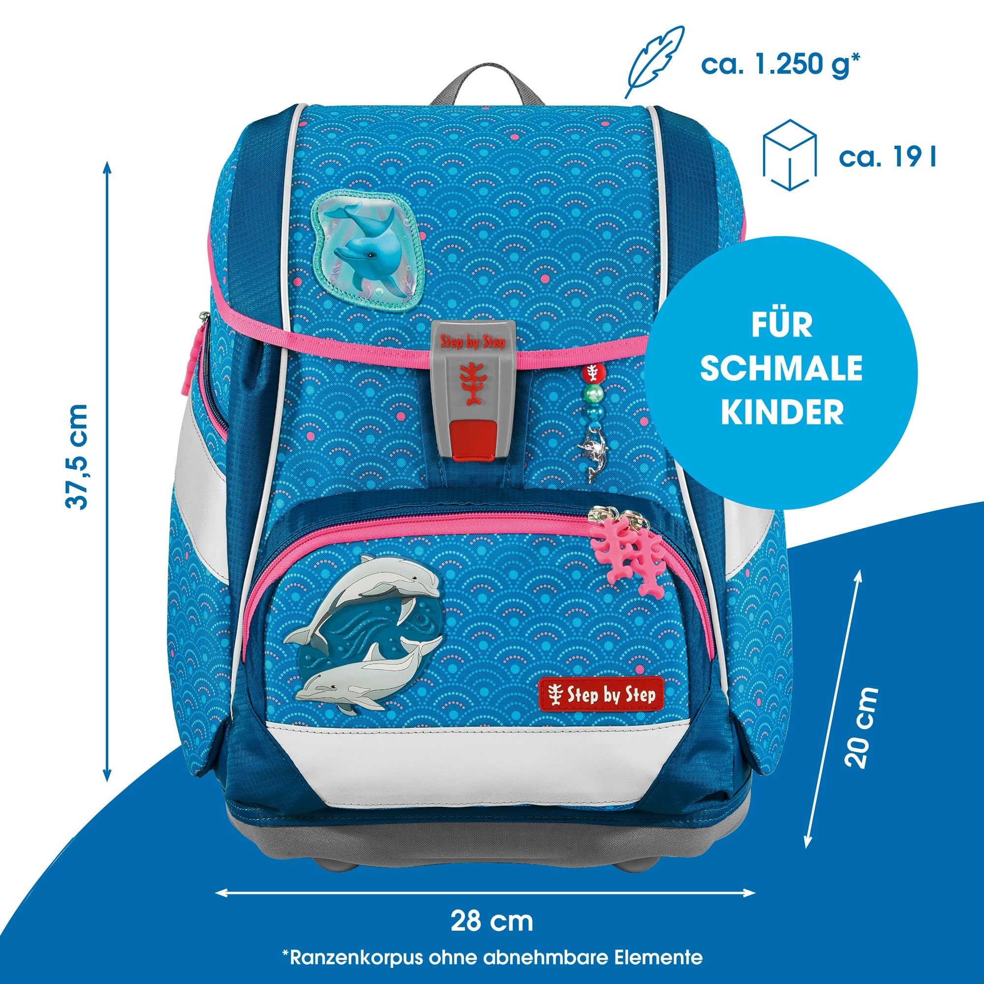 Step by Step Juego de mochila escolar 2 en 1 Plus, 6 piezas, macuto ergonómico con reflectores, altura regulable con cinturón de cadera, a partir de la primera clase, 19 l, Dolphin Pippa -