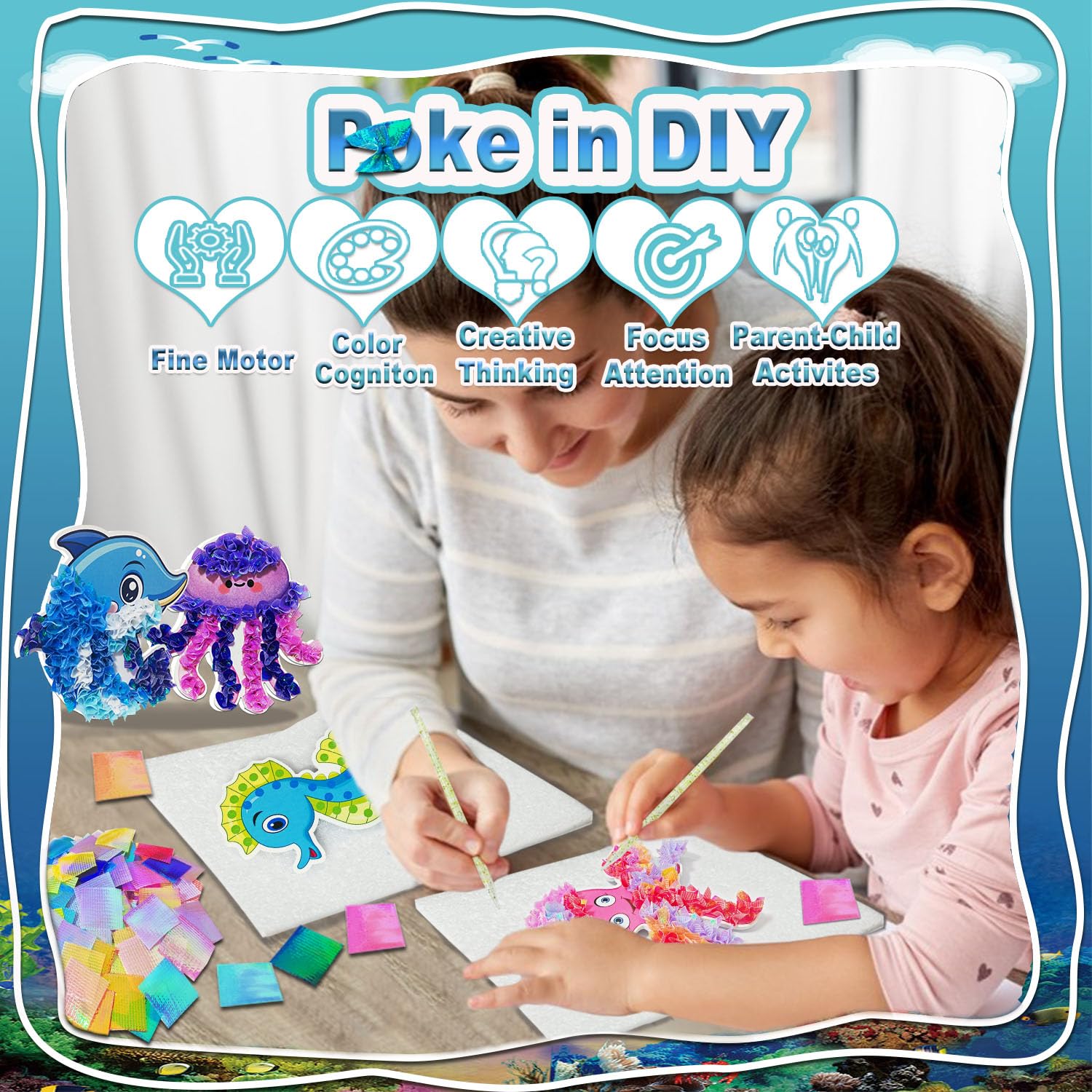 JRD&BS WINL Poke in Art for Kids Creative Craft Kit for Boy and Gifts Age 4-8 Year Old Educational Toys for Children Mess Free Art for Teen Fun Handicraft Activities DIY Set (Ocean Animal) - Image 2