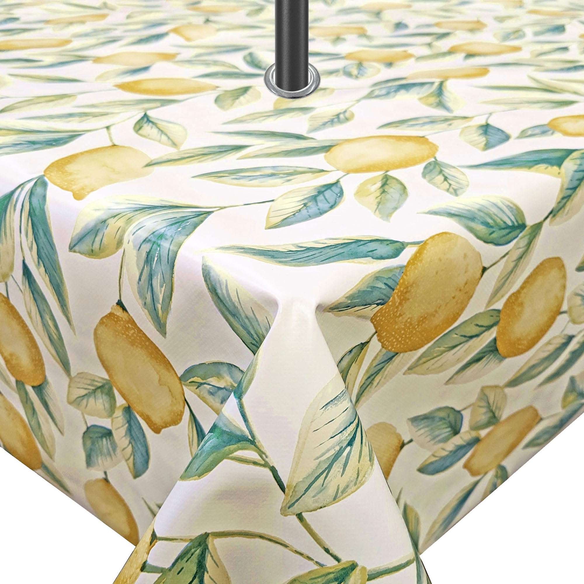 Qpc Direct Leafy Lemons Wipe Clean Waterproof Outdoor Garden Tablecloth With Parasol Hole (, Rectangle 140 X 200Cm)