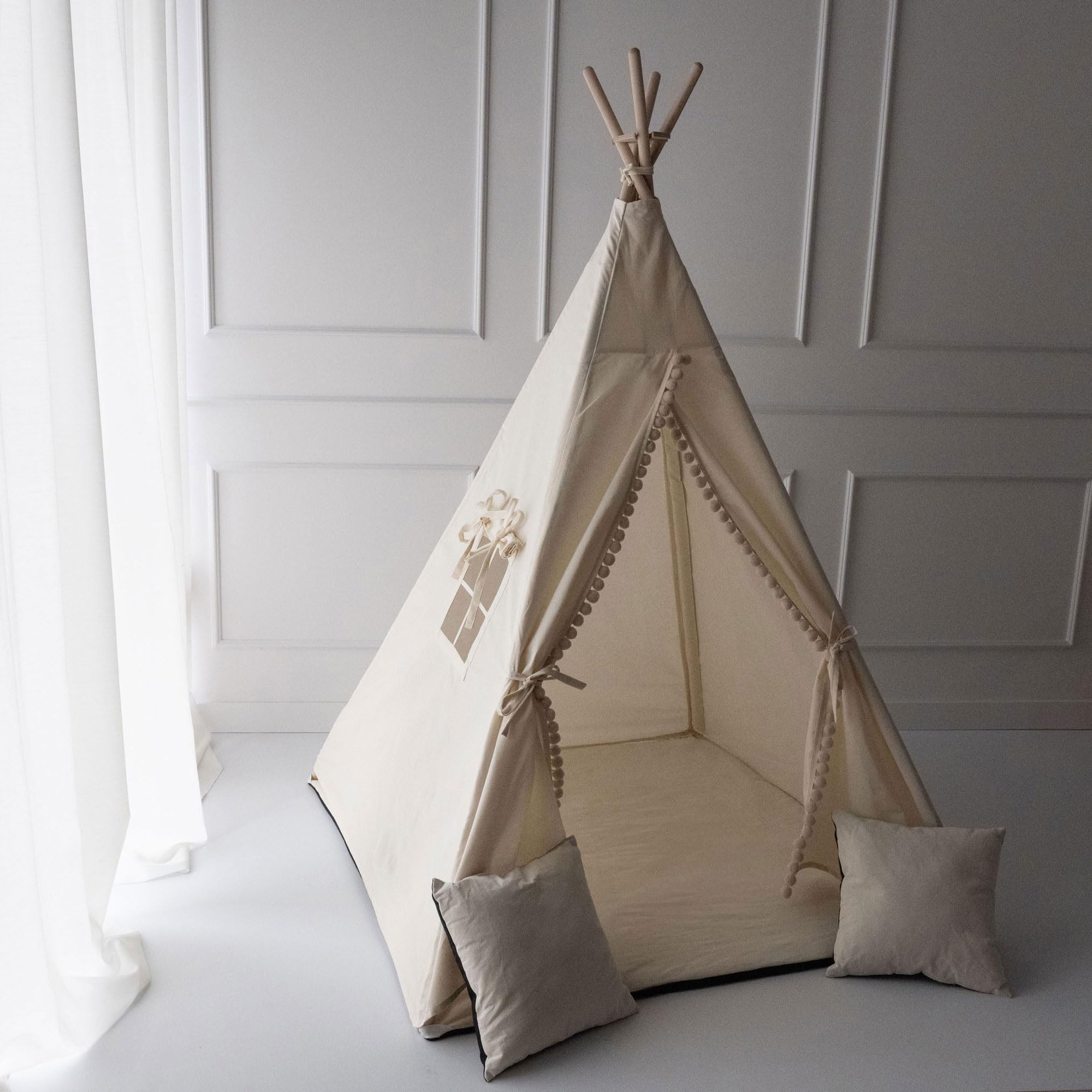 PaLulli Tipi speeltent voor kinderen met mat en anti-instortingssysteem en 3 decoratieve kussens, katoenen zeildoek, kindertent (beige