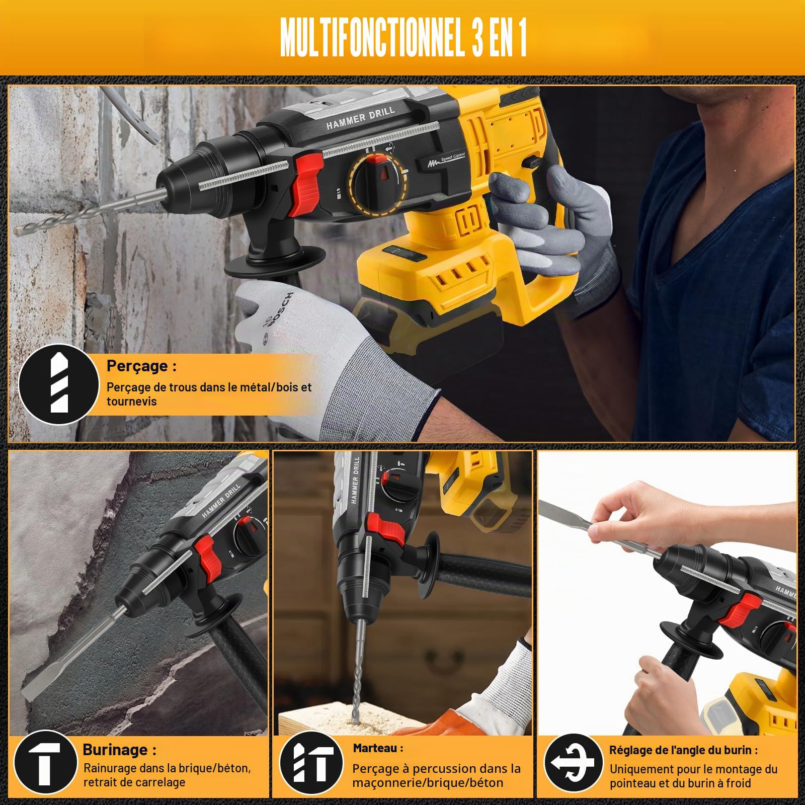 Roadtime 2.6J Hammer de forage 600W pour DeWalt 20Vbatterie (sans batterie) | vitesse du marteau 1100 tr/min,hammer combiné avec broche de forage 3x SDS PLUS,avec 4 fonctions
