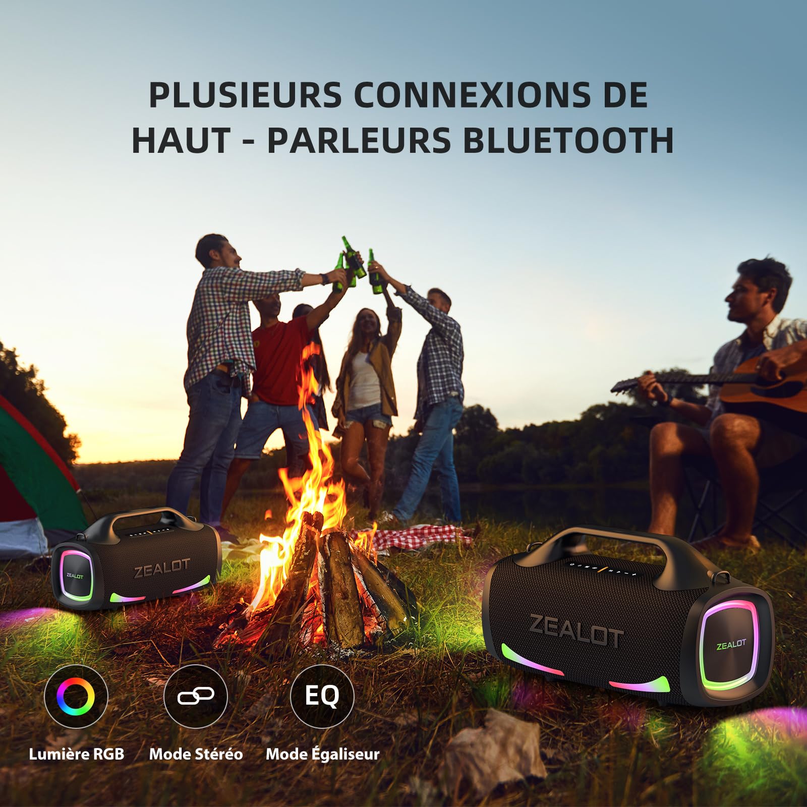 ZEALOT Enceinte Grande Bluetooth 5.3 sans Fil, 100W Enceinte Portable avec Basses Puissantes, Autonomie 30H, Lumière RGB, USB-C/AUX/Carte TF, Haut-Parleur Étanche IPX6 pour Fêtes/Voyage/Extérieur