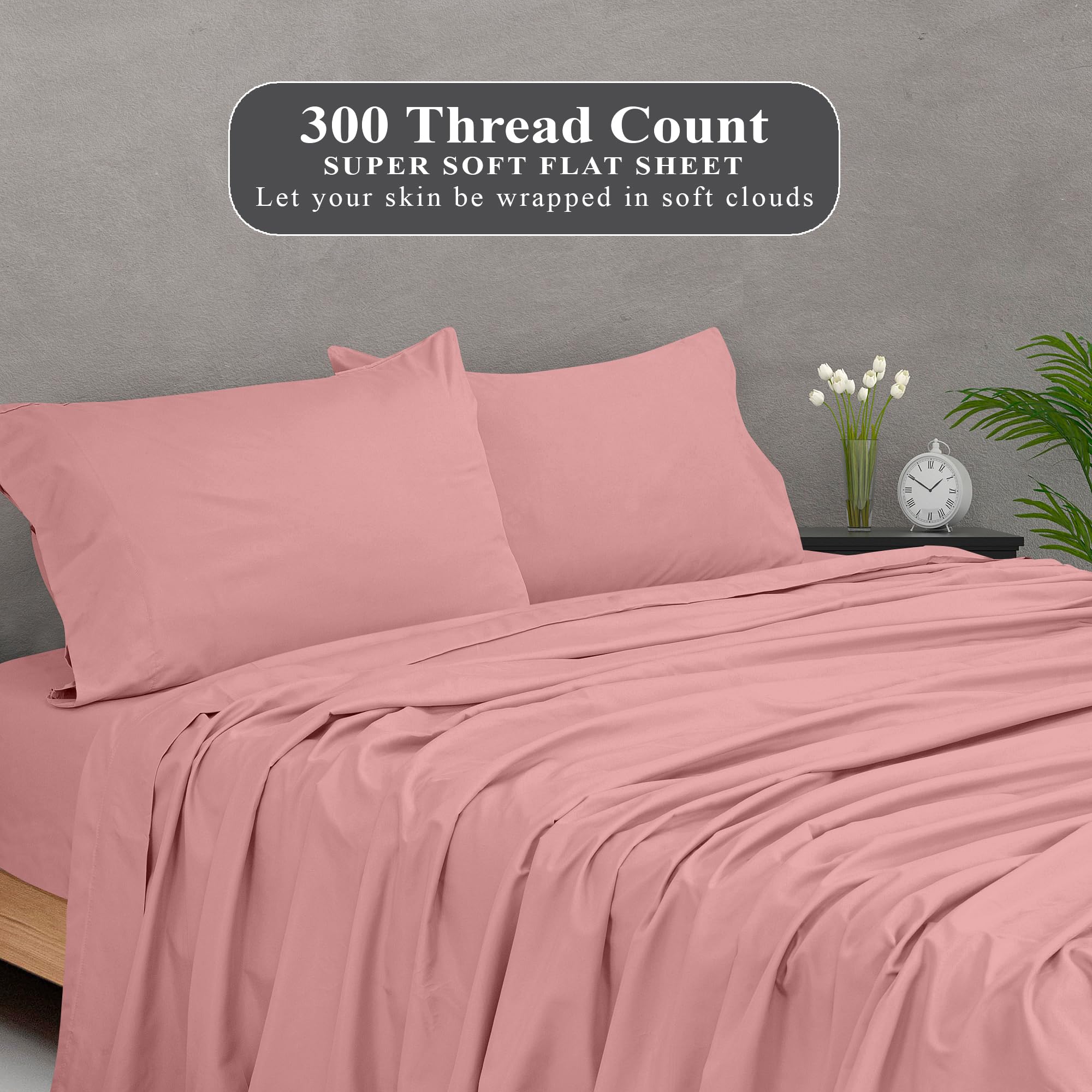 ROYALE LINENS - Sábana encimera de 100 % algodón peinado de fibra larga, 300 hilos, ultrasuave, sábana superior, transpirable, fresca y crujiente, solo sábana encimera de percal (individual, rosa)