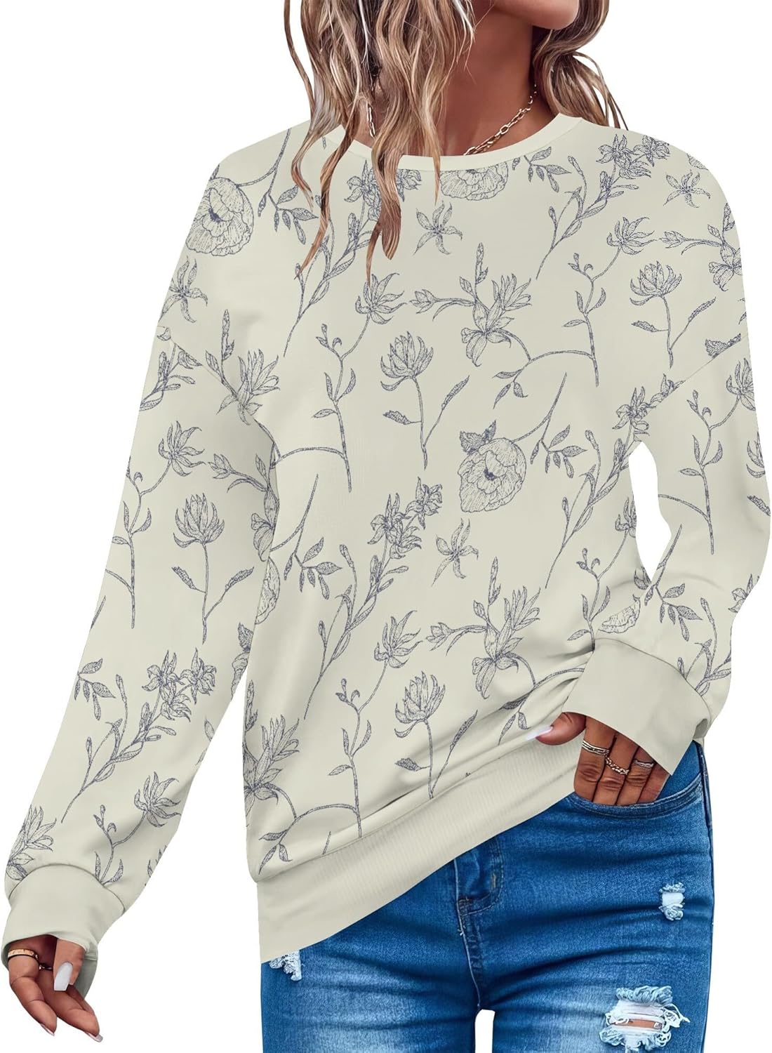 Sweatshirts For Women Retro Floral Long Sleeve Crewneck Sweatshirts Cute Comfy Fit Pullover Vintage Street Wear