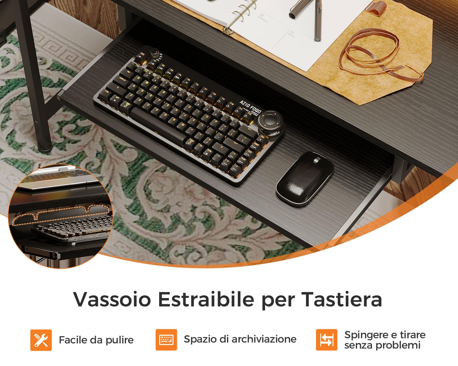 Coleshome Scrivania Gaming con LED e Prese, 140x48cm Scrivania con 2 Cassetti, Tavolo Computer Reversibile con Supporto Monitor e Vassoio per Tastiera Ufficio Casa, Nero