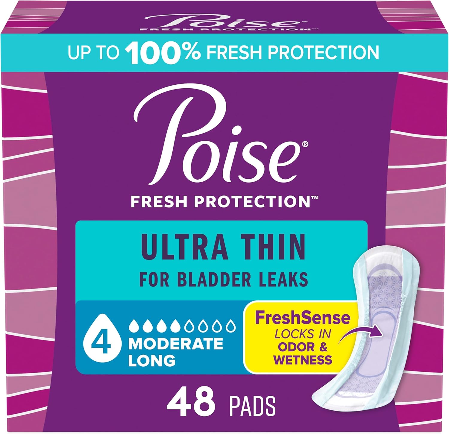 Poise Ultra Thin Incontinence Pads & Postpartum Pads for Bladder Leaks, 4 Drop Moderate Absorbency, Long Length, 48 Count, Packaging May Vary LONG/NON-WINGED 48