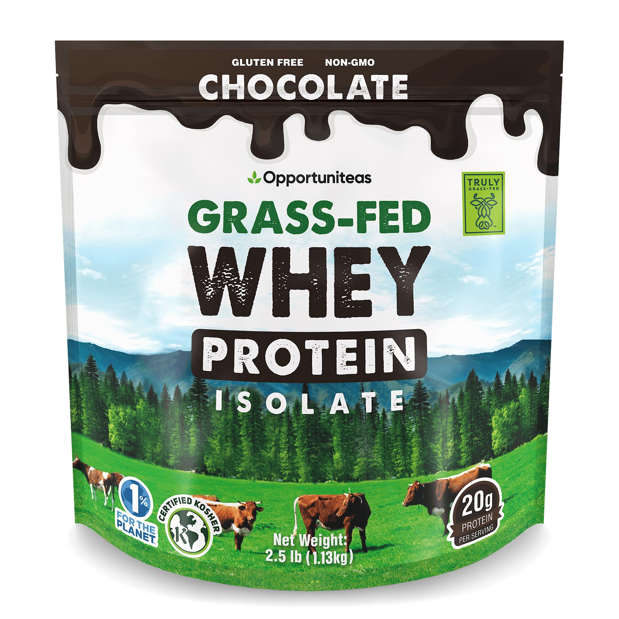 Opportuniteas Grass Fed Chocolate Whey Isolate Protein Powder – 20 g Protein, Heavy-Metal Tested, Made with Organic Cacao & Organic Cane Sugar, Non-GMO, Hormone-Free, Sourced from Ireland, 2.5 lb