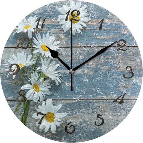 Reloj de pared con textura de madera vintage con diseño de margarita, redondo, silencioso, sin tictac, funciona con pilas, fácil de leer, para el