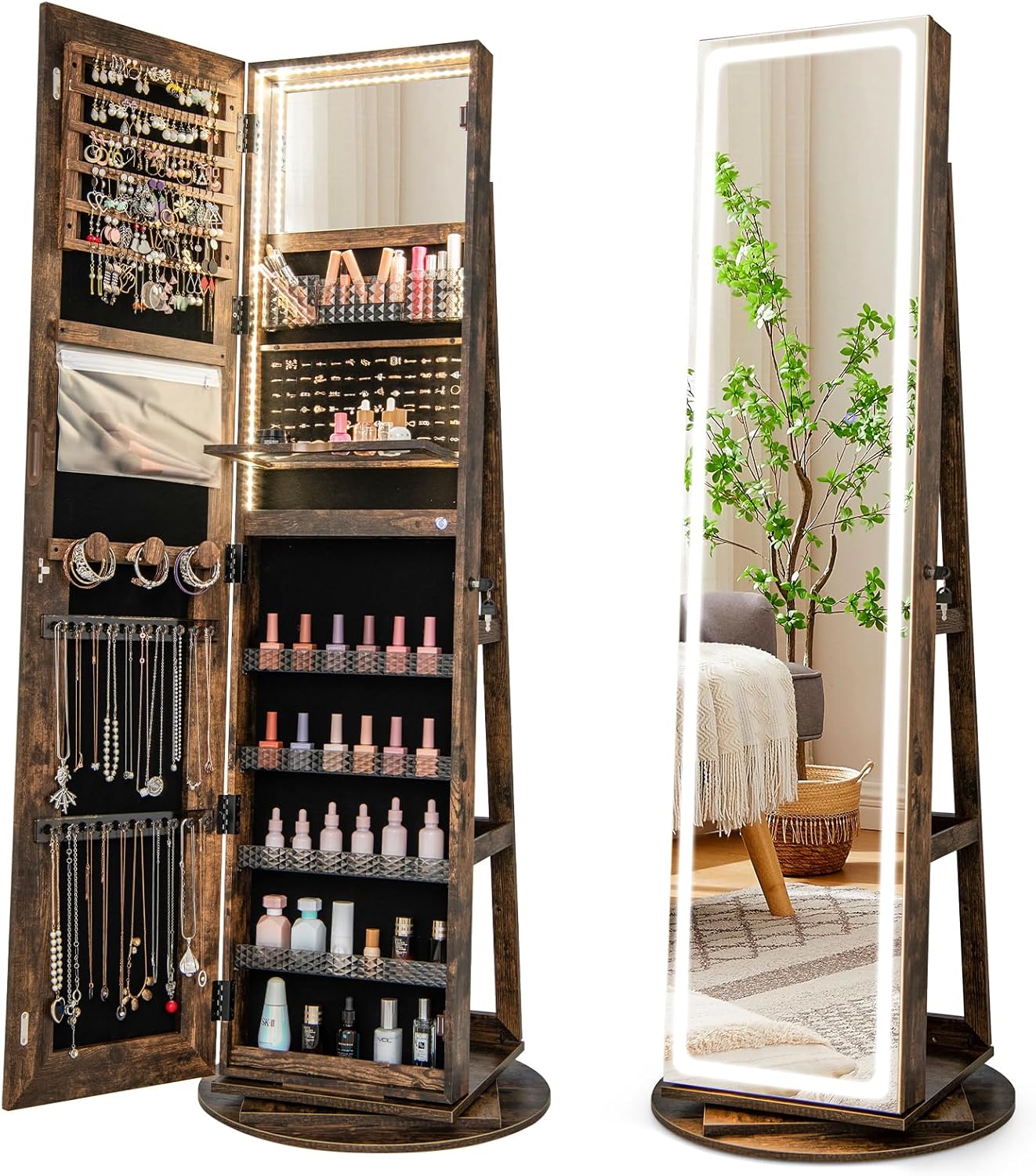 GOFLAME 360° Swivel Jewelry Cabinet Armoire with Full Length Mirror, Standing Jewelry Storage Organizer with Rear Storage Shelves, 3-Color LED Lights, Foldable Shelf, Interior Mirror, Rustic Brown