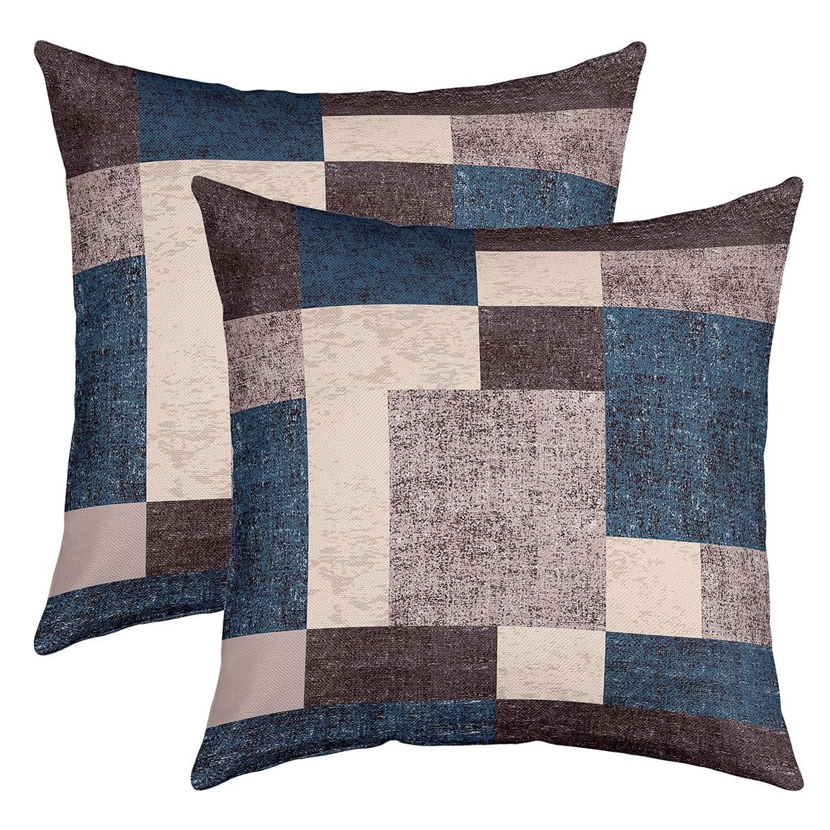 Loussiesd Geometric Square Cushion Covers Set of 2 Buffalo Check Blue Grey Brown Reversible Throw Pillow Covers Pillow Covers Home Decor 40x40cm