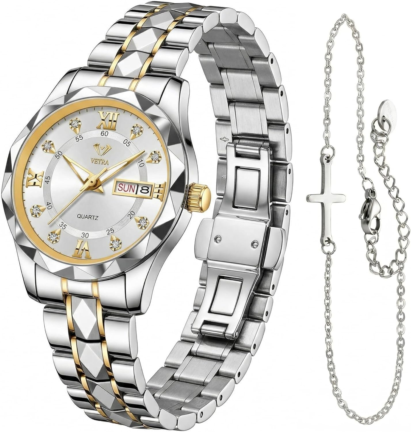 Vetra Womens Bracelet Watches Set Small Wrist Watches with Silver Gold Tone Diamond Stainless Steel Waterproof Luminous Date Display Watches for Ladies Reloj para Mujer