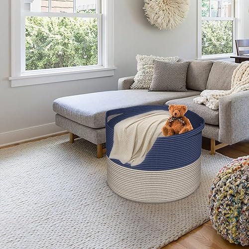 Cotton Rope Storage Bin - Large Woven Blanket Basket 22''x 22''x 14'' with Handle, Laundry & Pillow Basket for Living Room (Navy Blue)(Navy Blue)