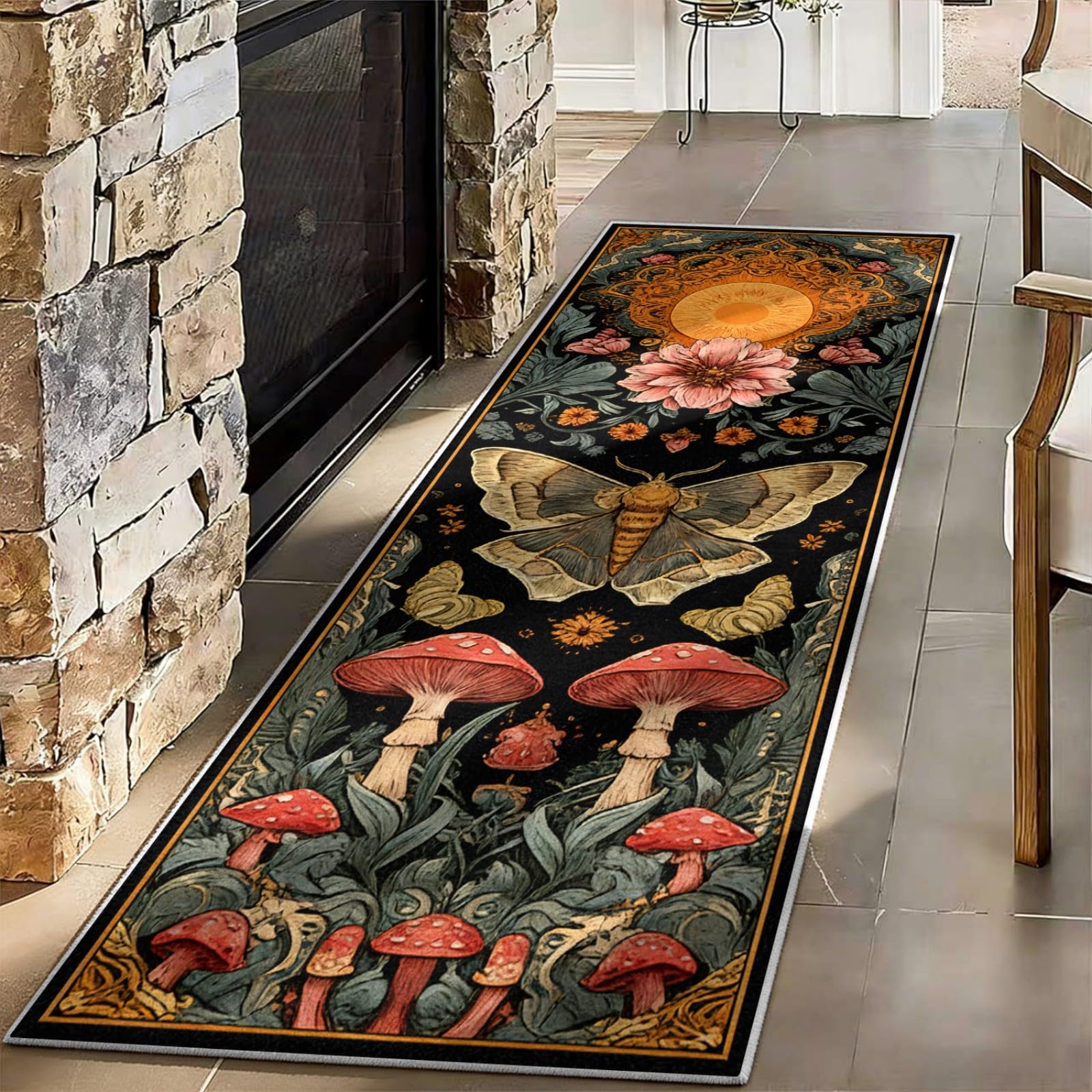 WAOTMN Mushroom Insect Hallway Runners for Entrance,60x300cm,Duty Machine Washable Flower Moth Rug,Vintage-Style Foldable Low Pile Carpet Nature Fantasy Whimsical Indoor Decor Floor Mat