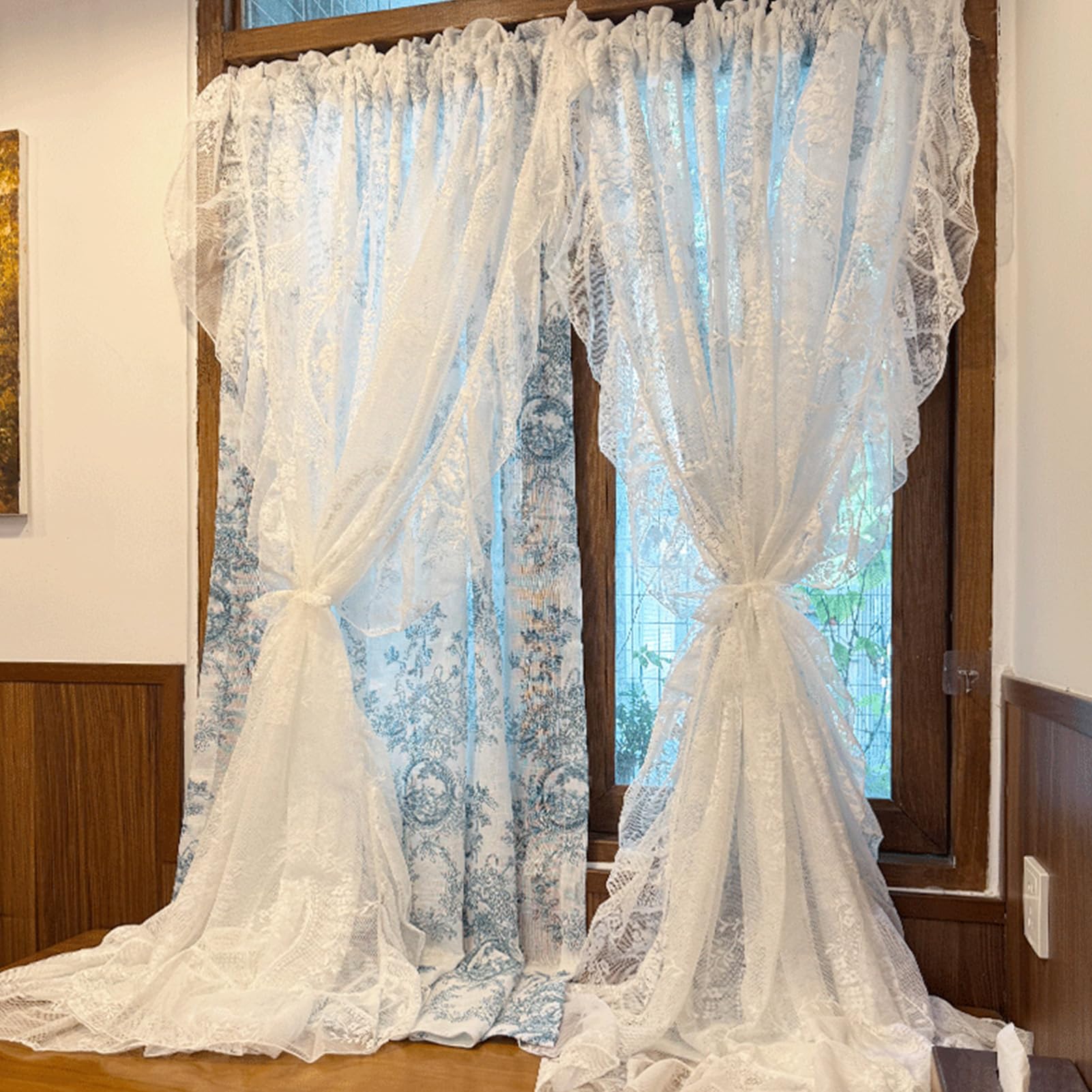 ZZYK White Vintage Lace Sheer Curtains,Country Light Filtering Printed Window Swag Double Layers Valance for Bedroom Living Room Cafe Laundry Basement,Paste,79" W x 71" L