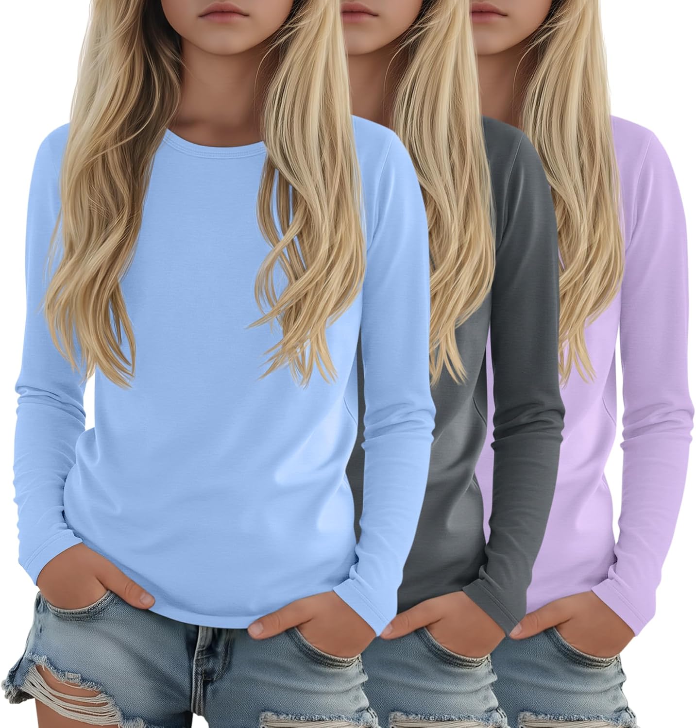 3 Pack Girls Long Sleeve Shirts Casual Crewneck T-Shirts Soft Layering Basic Tees Undershirts Fall Tops