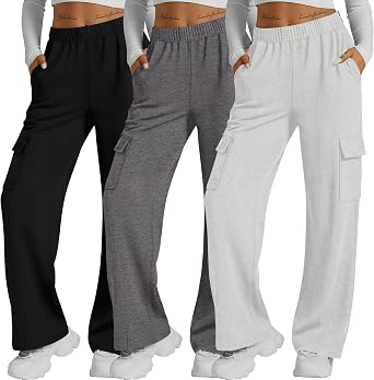 Neer 3 Pack Womens Pants with Cargo Pockets Casual High Waisted Baggy Wide Straight Leg Sweatpants Lounge Joggers Trousers