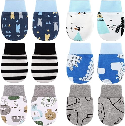 6 pares de guantes antiarañazos para bebé recién nacido, antiarañazos, unisex, de algodón, para niñas de 3 a 9 meses (serie gris, fresco)