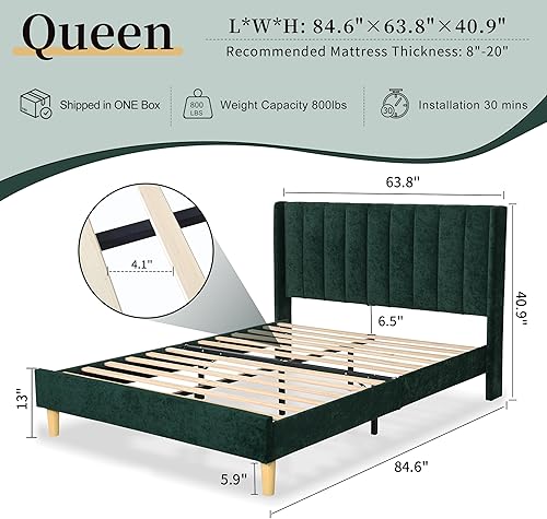 Miniatura 2 de Base de cama tapizada con cabecero y listones de madera fuertes, no necesita somier, pie de madera silencioso fácil de montar (verde tinta, Queen)