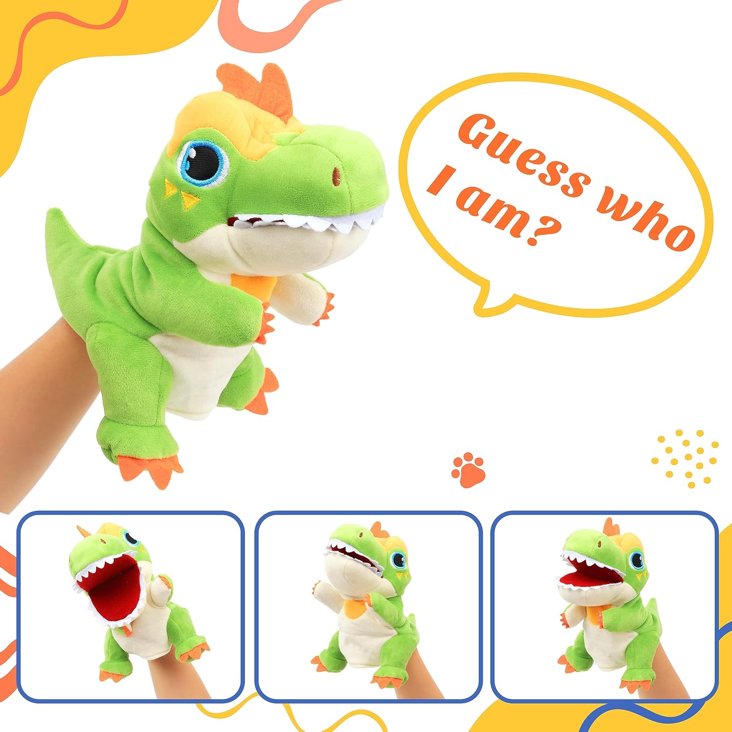 Plush Green T-Rex Hand Puppet Dinosaur Stuffed Animal Toy Role Play | Open Movable Mouth Creative Storytelling Dinosaur Plushies Gifts for Kids Toddlers Birthday Christmas