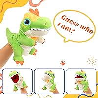 Vista 3 de Cuteoy - Marioneta de mano de dinosaurio T-Rex de peluche verde, juguete de animal de peluche con boca móvil abierta, juego de rol creativo