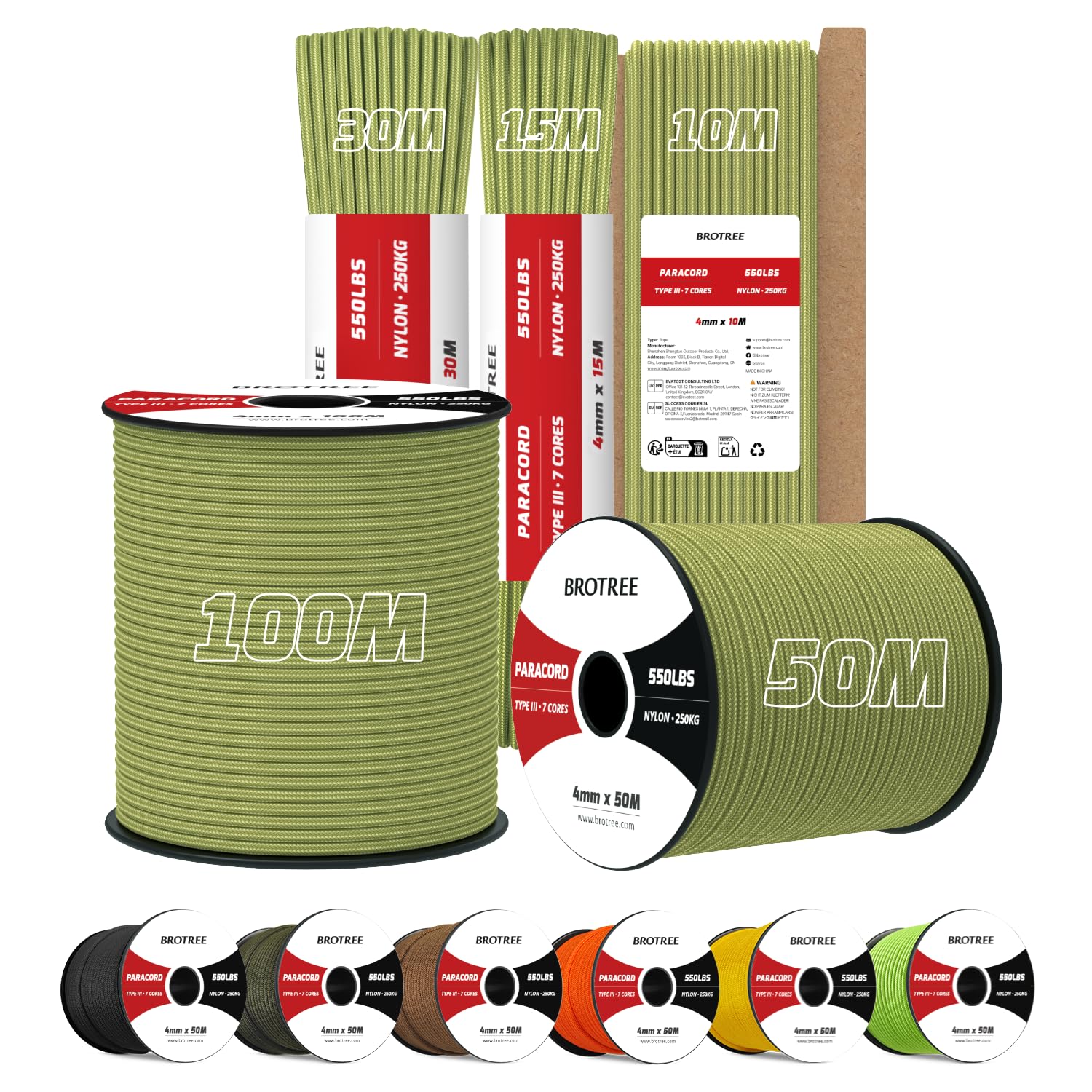 Brotree Paracord 550 4mm 100M 100% Nylon Seil Schnur Typ III mit 7 Stränge für Survival, Outdoor, Armbänder, Hundeleine - Bruchlast 250kg (Heilige Guacamole)