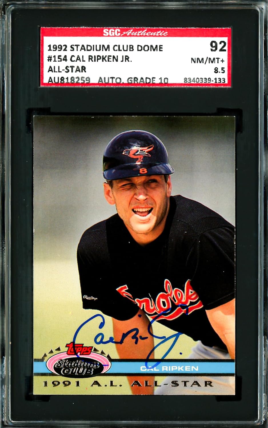 Cal Ripken Jr. Autographed 1992 Stadium Club Dome Baseball Card #154 SGC 8.5 Auto Grade Gem Mint 10 SGC #8340339-133