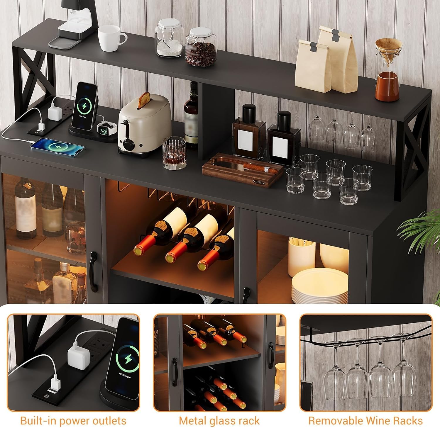 47" Wine Cabinet with LED Light, Home Coffee Cabinet with Wine Rack and Glass Holder, Coffee Bar Buffet Sideboard Storage with Power Outlets, for Living Room, Dining Room, Black
