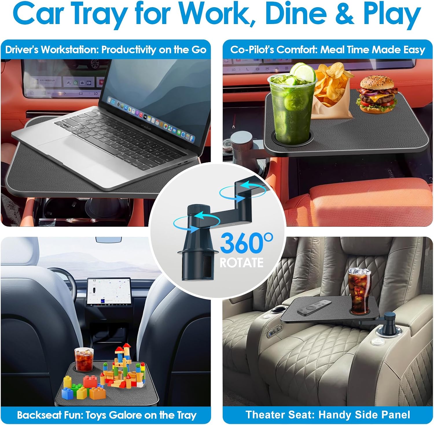 Car Tray& Car Desk for Laptop,Dual 360° Rotating,Anti Slip Leather Surface, Food Tray, Cup Holder Table Compatible with Tesla Model Y/3/S, Ford F150/Explorer/Maverick/Home Theater Seating (Black)