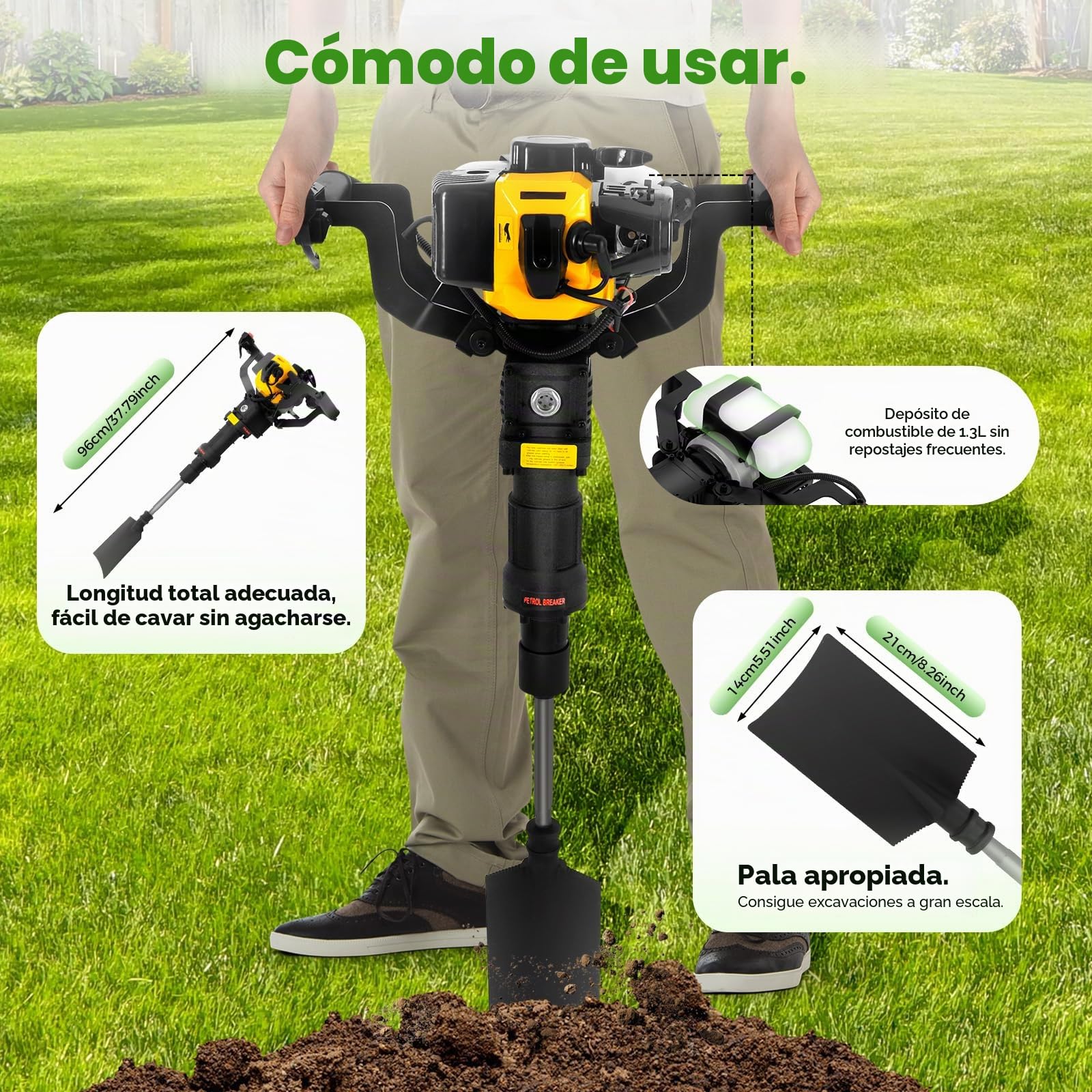 Excavadora para árbol de jardín, 2 tiempos, 52 cc, 1,9 kW, gasolina, excavadora de gasolina, excavadora de árbol de jardín con broca de 290 mm