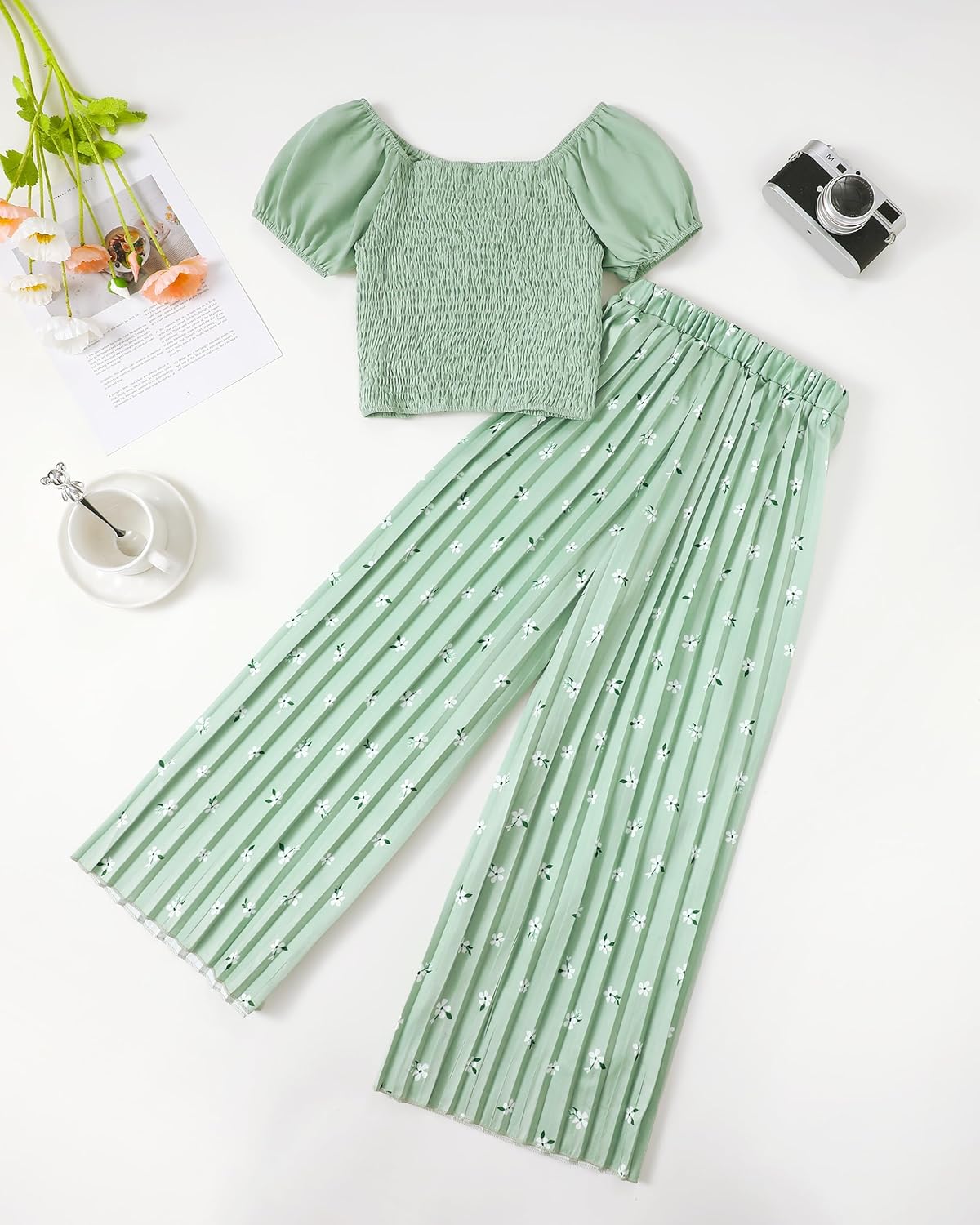 XUANHAO Toddler Girls Clothes Summer Puff Sleeve Smocked Shirt Top Wide Leg Pants Outfits Kids Girl's Clothing Set - Image 3