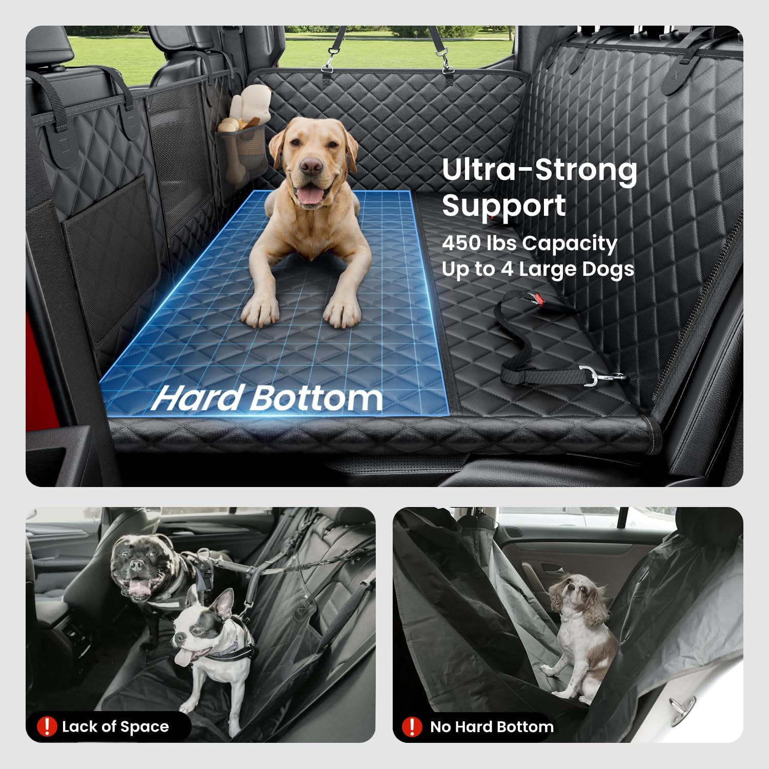reevaa dog truck seat cover for back seat, hard bottom dog hammock for car, pet bed extender for 2-4 large dogs, waterproof seat protector, universal xl size fits for crew cab truck/suv, black black xl- full-size trucks, suvs