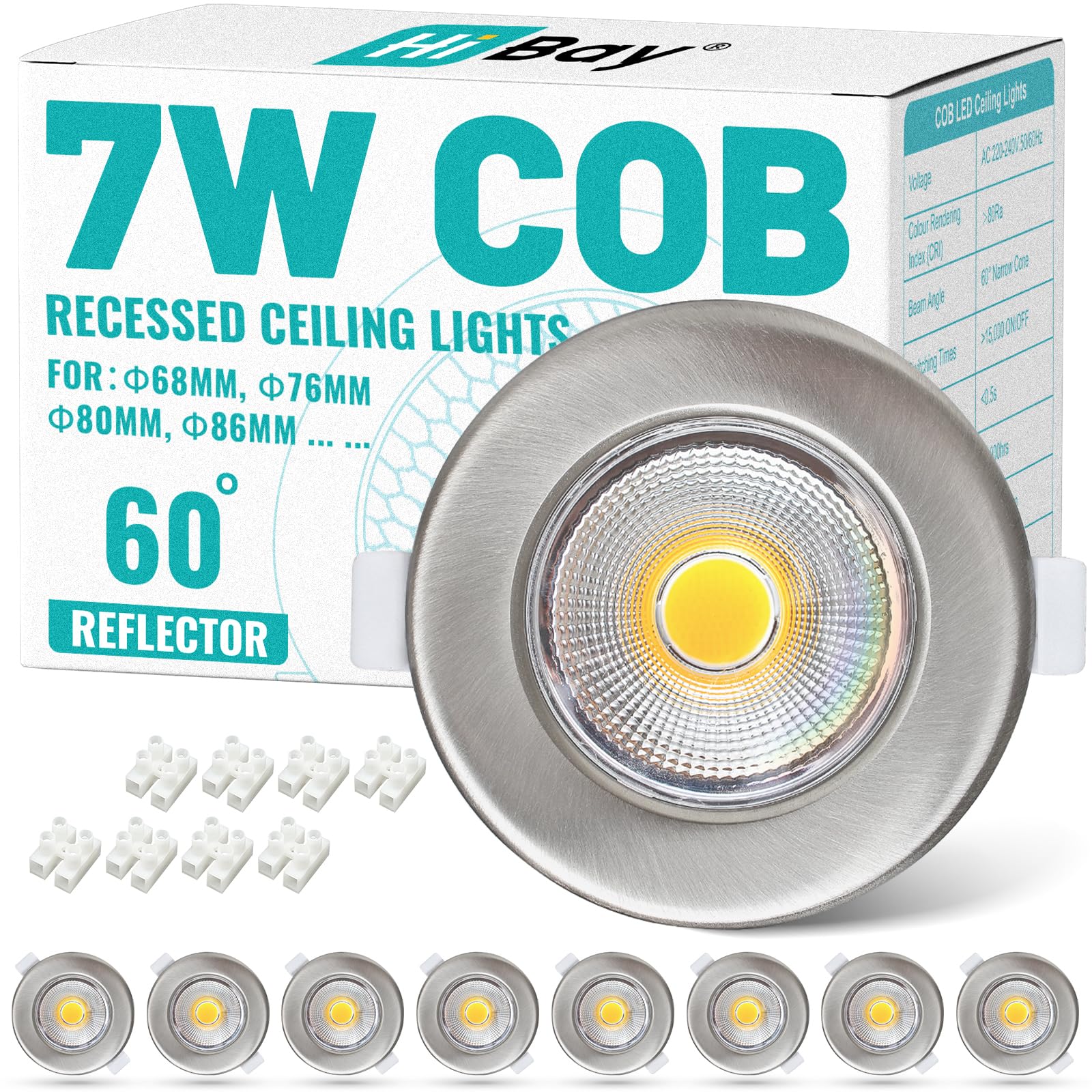 HiBay 8X Downlights for Ceiling Round 7W Warm White COB Spotlights Ultra Slim Brushed Chrome Downlight for Kitchen, Living Room, Cutout Ø65-88mm, 240V 600LM