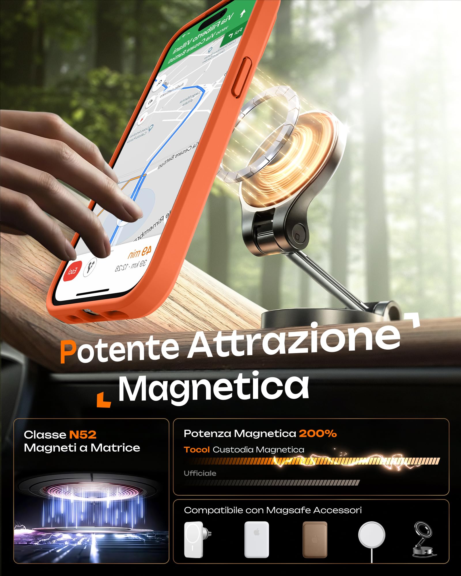 TOCOL Cover Magnetica per iPhone 15 Pro Max 6,7 Pollic, Compatibile con MagSafe, Protezione Fotocamera Integrata, Custodia Antiurto Traslucida Opaca, Arancione