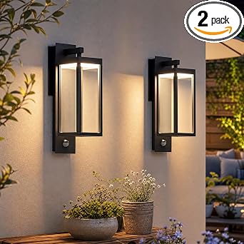 Motion Sensor Outdoor Wall Lantern 2 Pack Black Modern LED Exterior Light Fixture with Clear Glass for House Garage IP54 Waterproof 750LM