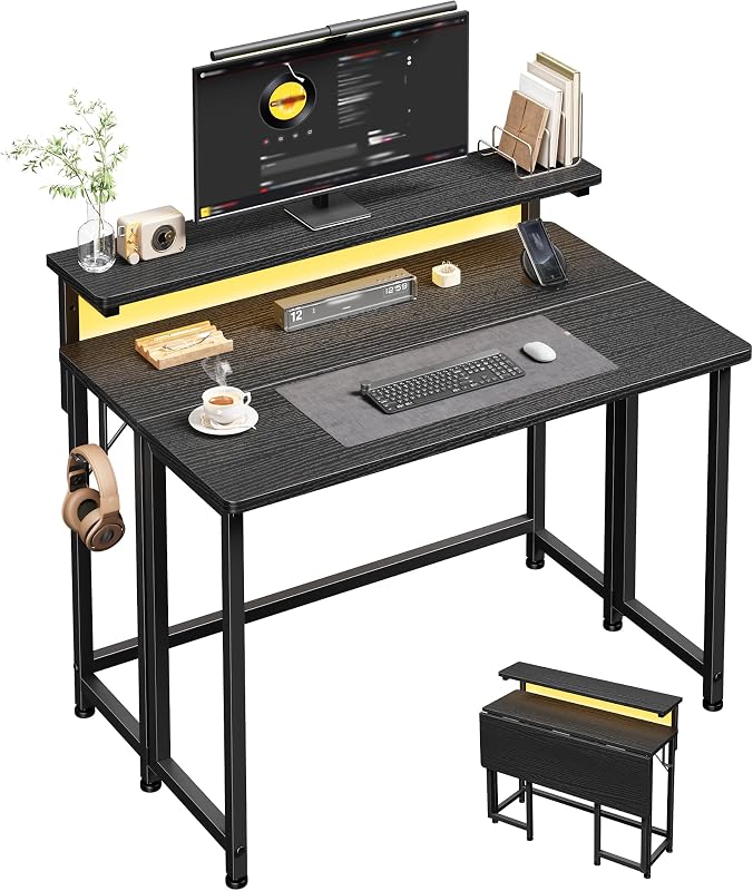 31.5" Folding Table with Ergonomic Monitor Stand&LED for Small Spaces,Black | Home office desk, Adjustable Feet: Fits All Floors, More Stable Than Wheel Desks,Portable,Vision-protect RGB LED for Working