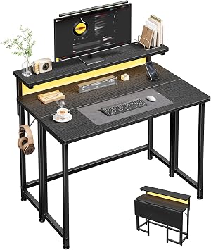 31.5" Folding Table with Ergonomic Monitor Stand&LED for Small Spaces,Black | Home office desk, Adjustable Feet Fits All Floors, More Stable Than Wheel Desks,Portable,Vision-protect RGB LED for Working