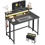DurayLoly Folding Desk for Small Space,Foldable Computer Desk with Monitor Stand,31.5 Inch Small Desk with LED Lights for Bedroom Home Office,Writing Work Office Computer Desk with Hooks,Black