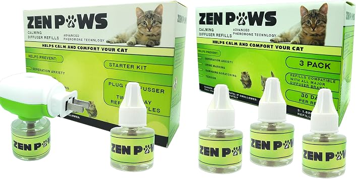 Zenpaws Kit - No Scent - 1 Diffuser + 5 Diffuser Cat Relaxant Refills + Compatibility Refills fit and are Compatible with All Major Brand diffusers. Comfort Zone, ThunderEase, Relaxivet and Others