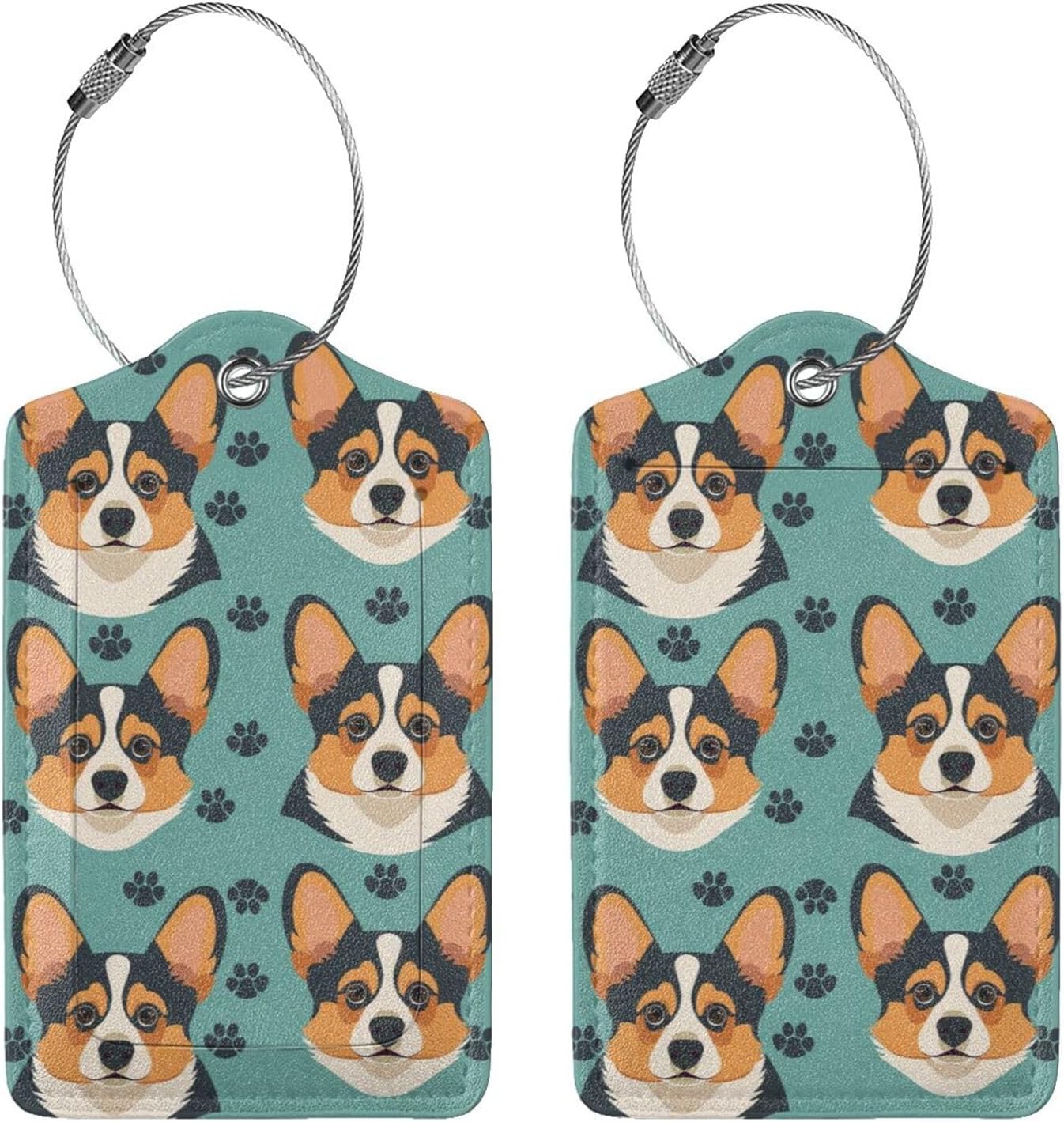 2 Pack Cute Corgi Tricolor Dog Paw Luggage Tags for Suitcases, Leather Baggage Tag with Loop, Funny Cool Name Id Card Cover Travel Bag Labels Set for Women Men Boys Girls Kids